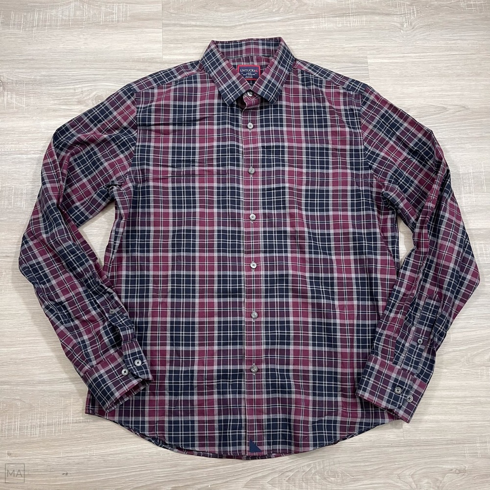Untuckit Men's Shirt Button Up Checkered Slim Fit Business Casual Office L